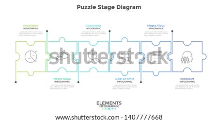 Horizontal chart with 6 connected jigsaw puzzle pieces. Concept of six dependent components or parts of business project. Linear infographic design template. Vector illustration for progress bar.