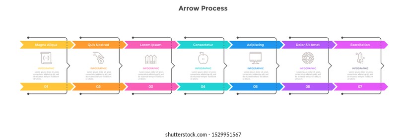 Horizontal chart with 7 arrows and rectangular braces. Concept of seven strategic steps of business development process. Flat infographic design template. Simple vector illustration for presentation.