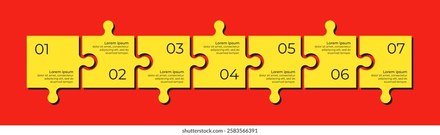 Horizontal chart with 7 connected jigsaw puzzle pieces. Yellow and red trendy infographic design template.