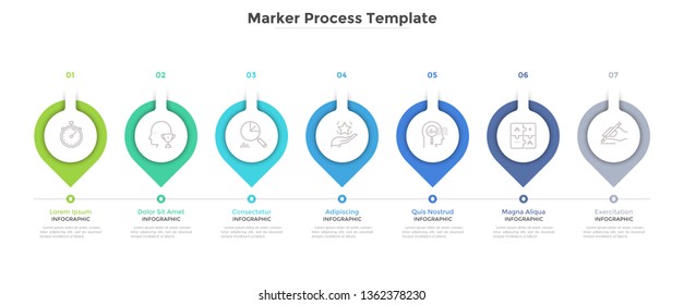 Horizontal chart with 7 paper markers or pointers. Concept of seven phases or stages of business development process. Flat infographic design template. Modern vector illustration for progress bar.