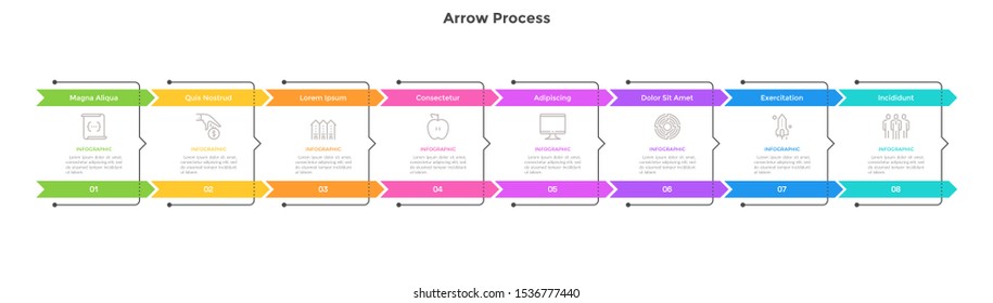 Horizontal chart with 8 arrows and rectangular braces. Concept of eight strategic steps of business development process. Flat infographic design template. Simple vector illustration for presentation.