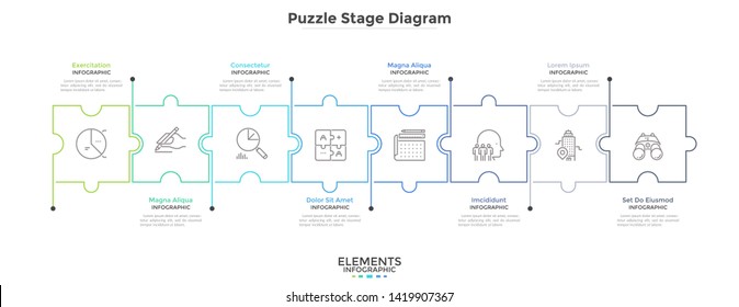 Horizontal chart with 8 connected jigsaw puzzle pieces. Concept of eight dependent components or parts of business project. Linear infographic design template. Vector illustration for progress bar.