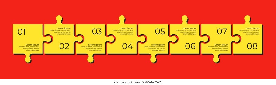Horizontal chart with 8 connected jigsaw puzzle pieces. Yellow and red trendy infographic design template.