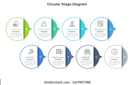 Horizontal chart with 8 paper white elements connected by arrows. Concept of eight successive stages of business progress. Modern infographic design template. Vector illustration for presentation.