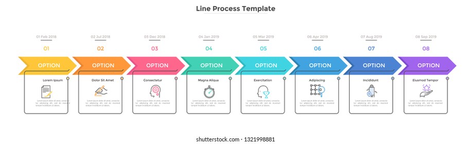 Horizontal chart with 8 rectangular elements, arrows and dates. Eight milestones of company's development history. Simple infographic design template. Flat vector illustration for presentation, report