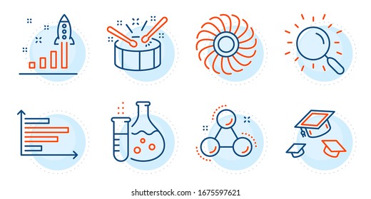 Horizontal chart, Drums and Chemistry flask signs. Throw hats, Search and Development plan line icons set. Chemistry molecule, Fan engine symbols. College graduation, Find document. Vector