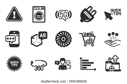 Horizontal chart, Electric plug and 5g wifi icons set. Consolidation, Quick tips and Fan engine signs. Vector