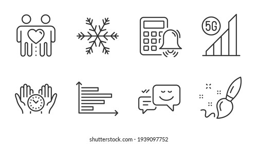 Horizontal chart, Friends couple and Calculator alarm icons set. 5g wifi, Happy emotion and Paint brush signs. Vector