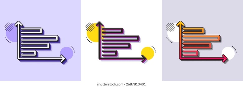 Icono de línea de gráfico Horizontal. Patrón punteado de semitono. Icono de degradado con sombra de grano. Signo de gráfico de columna. Símbolo de análisis de mercado. Icono de gráfico Horizontal de línea. Varios diseños. Vector