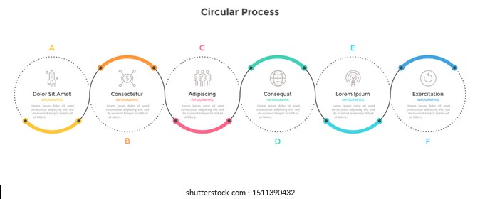 Horizontal chart with six circular elements and colorful curve line. Concept of 6 successive steps of business progress. Simple infographic design template. Vector illustration for presentation.