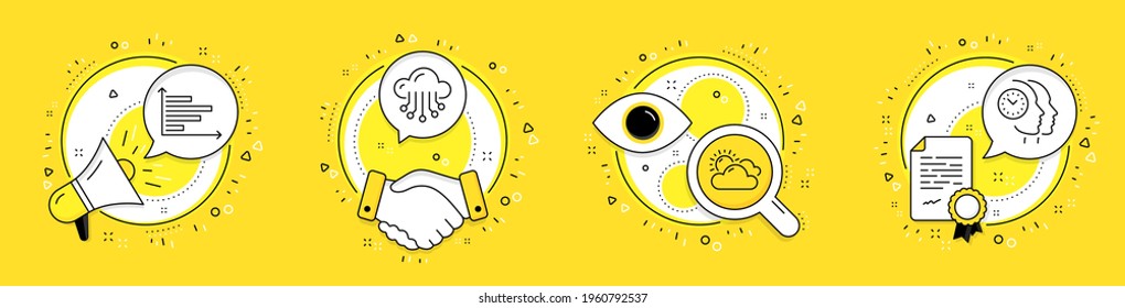 Gráfico horizontal, ajuste de los iconos de la línea de almacenamiento en nube y clima soleado. Megáfono, licencia e íconos vectores de tráfico. Signo de administración de tiempo. Gráfico de presentación, verano, servicio de datos. Reloj de trabajo en equipo. Vector