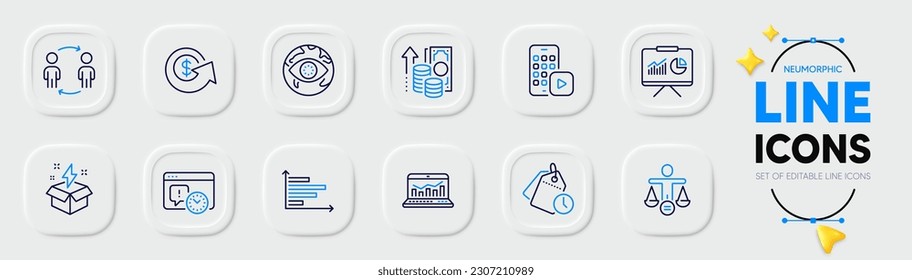 Gráfico horizontal, administración de tiempo e iconos de línea de ataque cibernético para aplicación web. Paquete de flujo de trabajo, idea creativa, iconos del pictograma de análisis web. Ética, inflación, señales de aplicación de teléfono. Vector