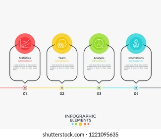 Horizontal chart or timeline with four rounded elements. Concept of 4 business options to choose. Flat infographic design template. Vector illustration for report, presentation, progress bar.