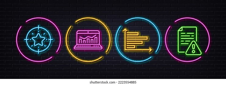 Horizontal chart, Web analytics and Star target minimal line icons. Neon laser 3d lights. Instruction manual icons. For web, application, printing. Presentation graph, Statistics, Winner award. Vector