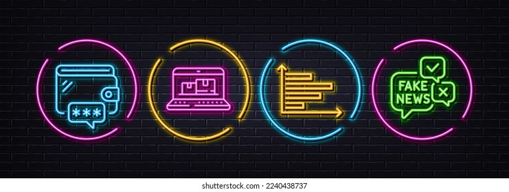 Horizontale Diagramme, Web-Inventar und Wallet minimale Linien Symbole. Neon Laser 3D-Lichter. Fake News-Symbole. Für Web, Anwendung, Druck. Präsentation Graph, Online-Lager, Online-Geld. Vektorgrafik