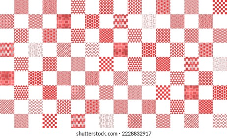 Horizontal checkered background with red squares with various Japanese traditional patterns