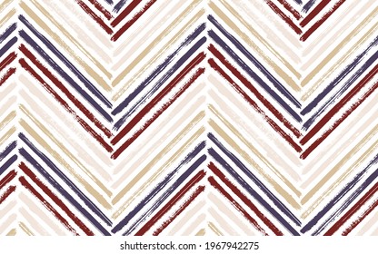 Horizontal chevron interior print vector seamless pattern. Ink brushstrokes geometric stripes. Hand drawn paint texture zig zag chevron backdrop. Watercolor textile print seamless design.