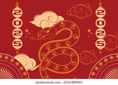 Horizontal Chinese New Year banner with snake, lanterns, and 2025 text, featuring clouds and hand fans