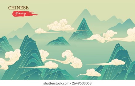 Horizontal Chinese style landscape painting landscape and auspicious clouds