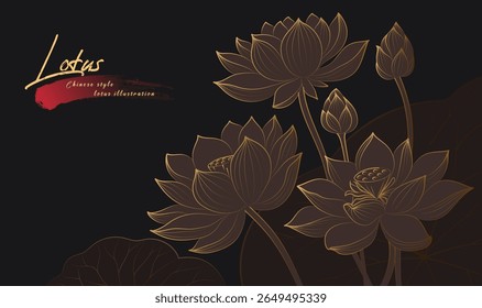 Lineare Lotus-Illustrationen im horizontalen chinesischen Stil