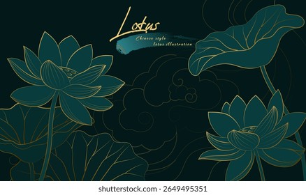 Horizontal ilustración de loto lineal de estilo chino con fondo de nube auspicioso