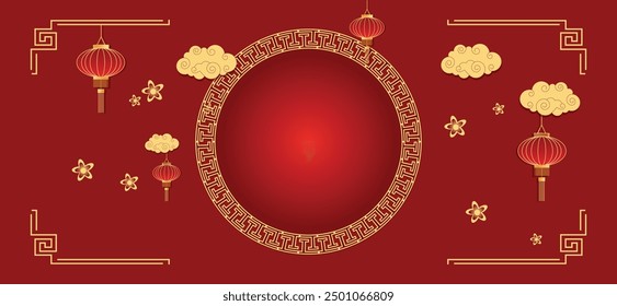 Horizontal Chinese traditional pattern round frame with clouds, flowers, lantern, asian elements on red background. Greeting vector card template. Lunar New Year