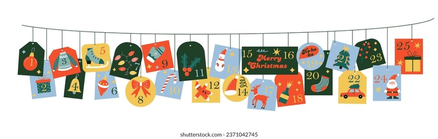 Horizontal Christmas Advent calendar hanging on rope for countdown for 25 days.Garland with festive elements. Santa, toys, ginger bread, bell, reindeer, snowman, ugly sweater, candy