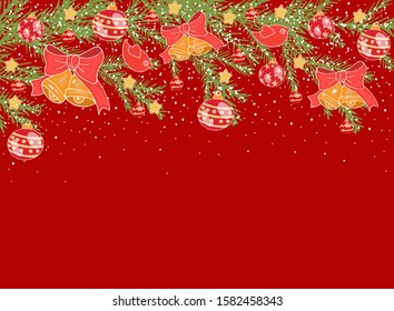 Horizontal Christmas background with place for text, with Christmas trees, New Year’s Eve, bells, with snow on a red background stock vector illustration for design and decoration