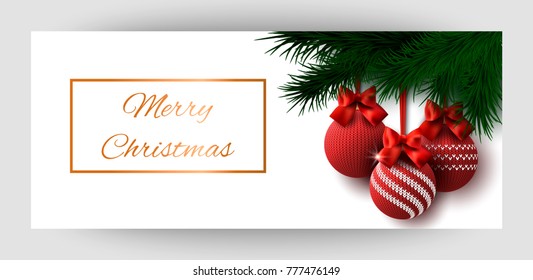 Horizontal Christmas background with red knitted balls with satin bows and Christmas tree branches for invitation, certificate, banner and flyer. Merry New Year and Happy Christmas. Vector.