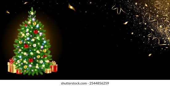 horizontal Christmas background with Christmas tree and gold confetti