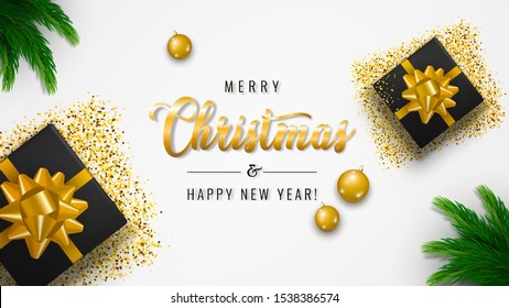 Horizontal Christmas banner. Background Xmas design with realistic gifts box, glitter gold confetti, pine or fir branches and balls. Horizontal Christmas poster, greeting cards, headers, website.