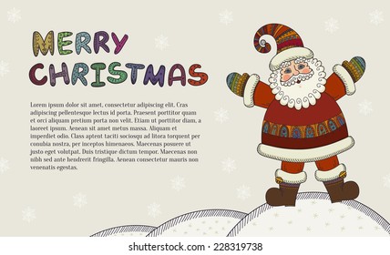 Horizontal Christmas banner with cartoon style Merry Christmas label, Santa Claus and place for your text. Xmas background can be used for greeting card, party invitation, poster. Vector illustration