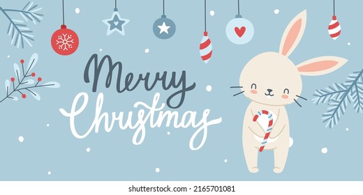 Horizontal christmas banner with cute bunny. Merry christmas congratulation with happy rabbit and calligraphy lettering.