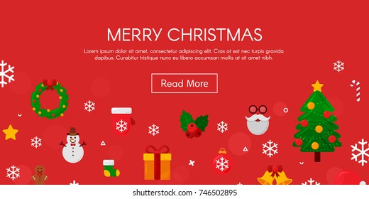 Horizontal Christmas banner with flat holiday icons in circles. Vector illustration. New Year concept. Season Greetings.
