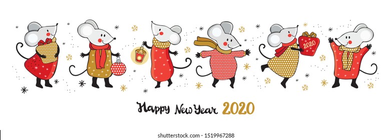 Horizontal Christmas banner with funny cartoon mice in gold, red, gray and black. Funny and happy new year mice in vector. Hand drawn illustration. Chinese symbol 2020 new year. New year card. Doodle.