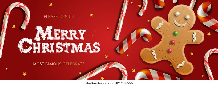 Horizontal Christmas banner, greeting cards, headers, website. Vector illustration with Christmas candy cane and gingerbread man