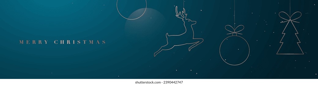 Horizontal Christmas banner with hanging minimalistic New Years toys - deer, Christmas tree, balls on dark green background. Luxury invitation banner.