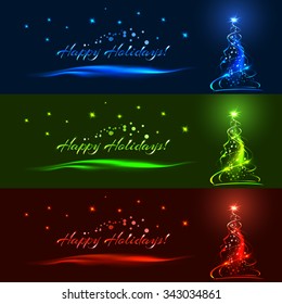 Horizontal christmas banner set. Blue, green and red xmas tree, stars, ribbons, balls with glow effect. Vector christmas template for website or greeting card.