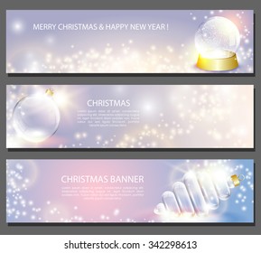 Horizontal christmas banner set. Snow globe and transparent glass toys on glow background