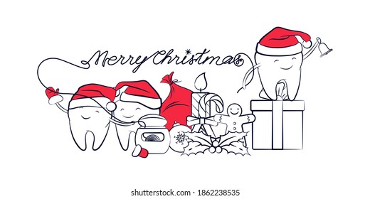 Horizontal Christmas banner with smiling teeth in a Santa Claus hat with a gift, mistletoe, and floss. Holiday symbols, dental new year card, design element for greetings or invitations.
