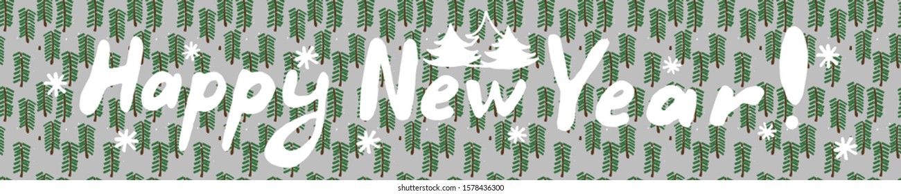 Horizontal Christmas banner in the style of handmade, handwritten in tex and ornament.