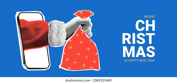 Horizontal Christmas banner template. Hand of Santa Claus sticks out from phone and holds bag with gifts. Christmas or New Year collage with halftone effect hand. Vector illustration.