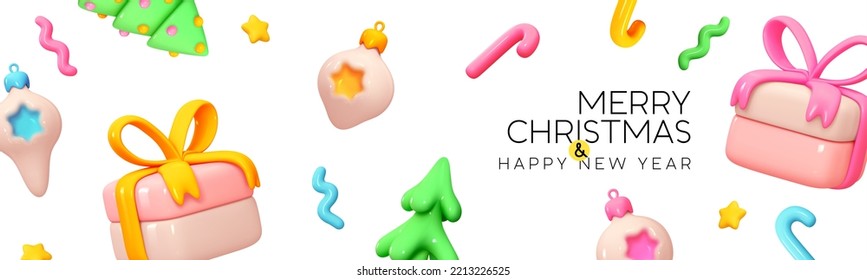 Horizontal Christmas banner, web poster, header for website. New year design realistic 3d gift boxes. Christmas present surprise. Gift box cartoon style. Holiday Xmas background. Vector illustration