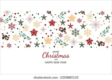 Horizontal Christmas border with Christmas decor and space for an inscription. Merry Christmas and Happy New Year header or banner. Wallpaper or background decor.