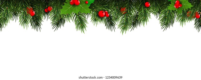 Horizontal Christmas border frame with fir branches, pine cones, berries. Vector illustration.