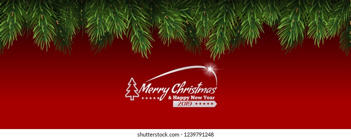 Horizontal Christmas border frame with fir branches, pine cones. Vector illustration.