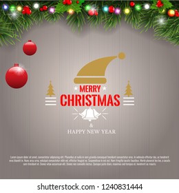 Horizontal Christmas border frame with fir branches, pine cones, berries and lights over wood background. Vector illustration social network pages.