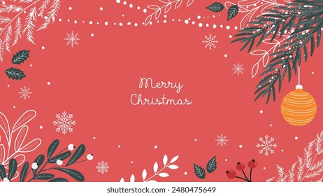 Horizontale Weihnachtsmusiken hellroter Hintergrund mit Weihnachtsbaumzweigen, Eichenbäumen, Rote Beeren. Vektorgrafik