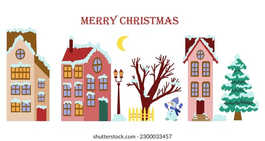 Horizontal Christmas card with houses and trees in the snow. Set of New Year's holiday elements