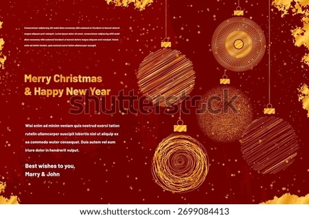 Horizontal christmas card with stylized abstract golden christmas balls on red background and copy space for your text. Vector illustration.